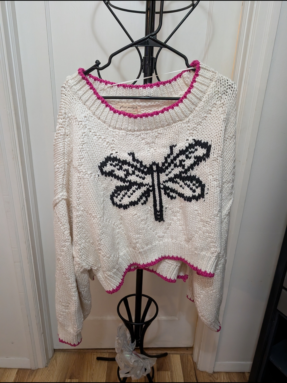 Free People Cream Knit Dragonfly Sweater with Pink Trim Size XL